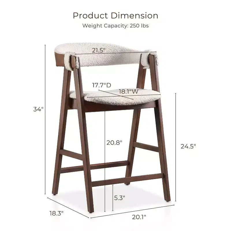 HOMES: Inside + Out Set of 2 Pearlcrest Mid-Century Modern Boucle Upholstered Counter Height Barstool Chairs Walnut