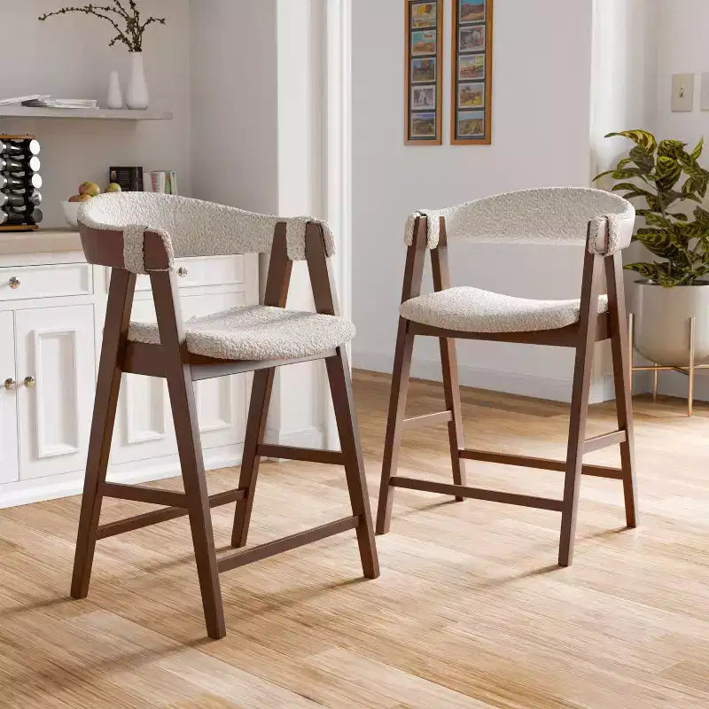 HOMES: Inside + Out Set of 2 Pearlcrest Mid-Century Modern Boucle Upholstered Counter Height Barstool Chairs Walnut