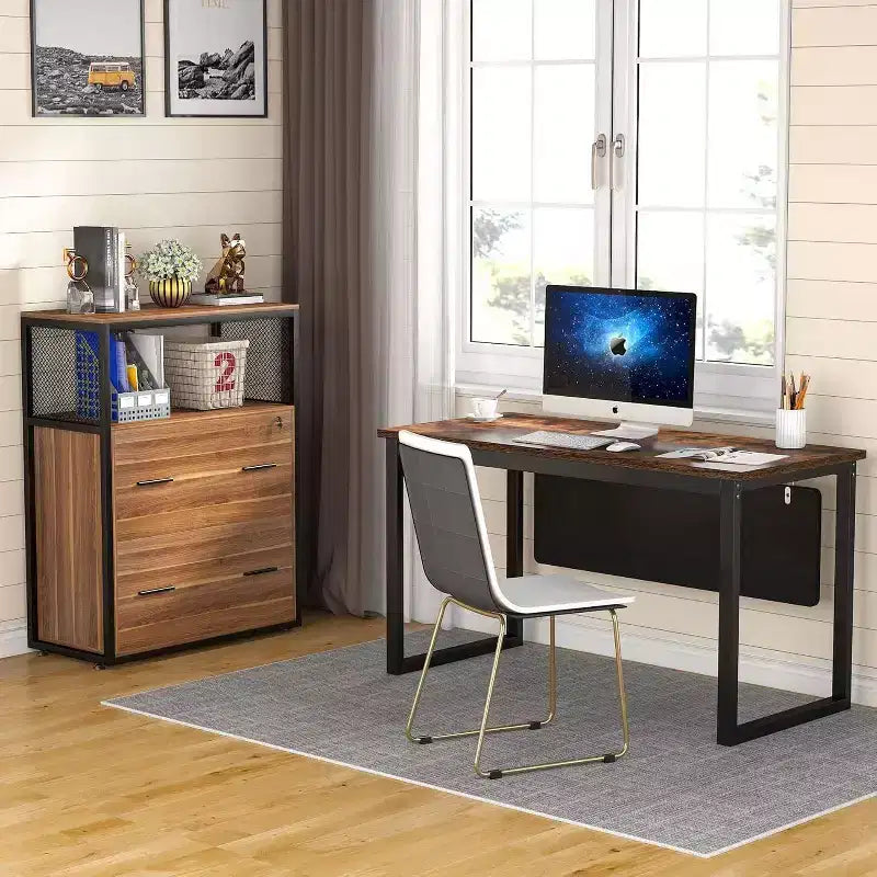 LITTLE TREE 2 Drawer File Cabinet with Lock and Open Storage Shelf Brown