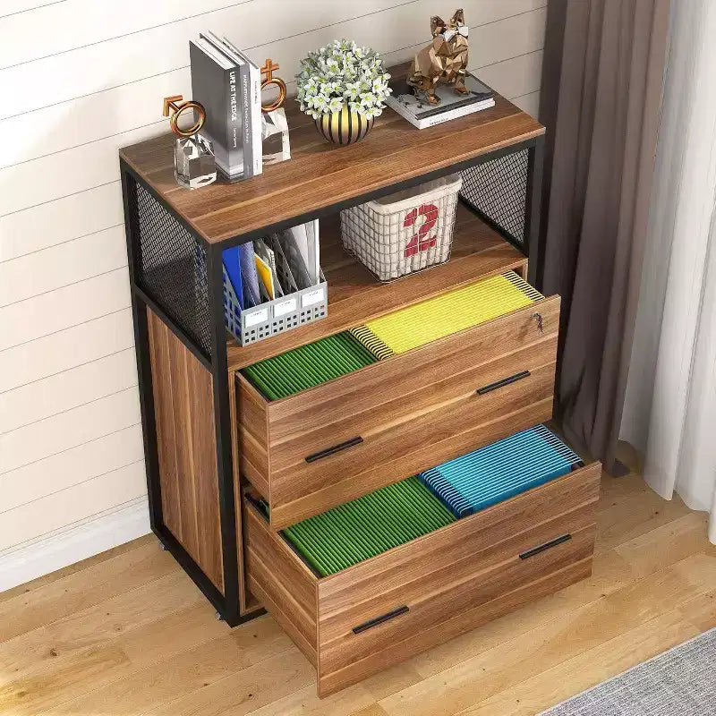 LITTLE TREE 2 Drawer File Cabinet with Lock and Open Storage Shelf Brown