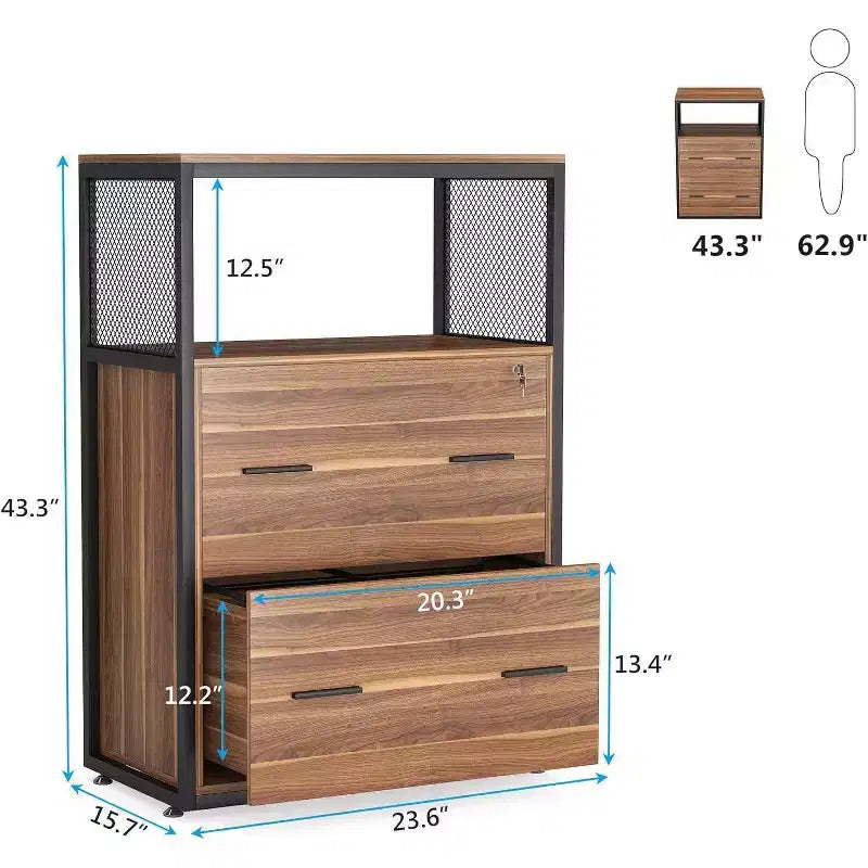 LITTLE TREE 2 Drawer File Cabinet with Lock and Open Storage Shelf Brown
