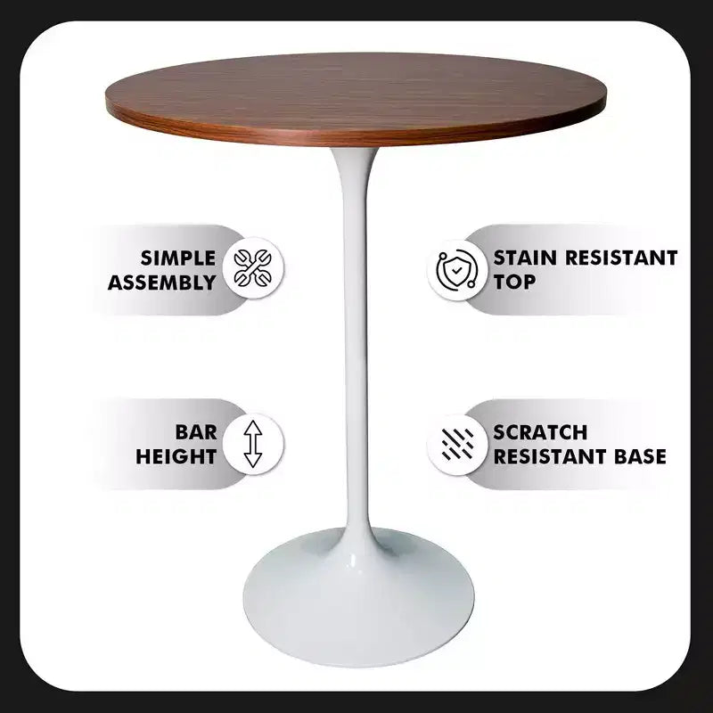 Leisuremod Verve 27 Round Bar Height Dining Table - MDF Wood Top with Modern White Pedestal Base Counter Height Table for Kitchen, Home, and Pub