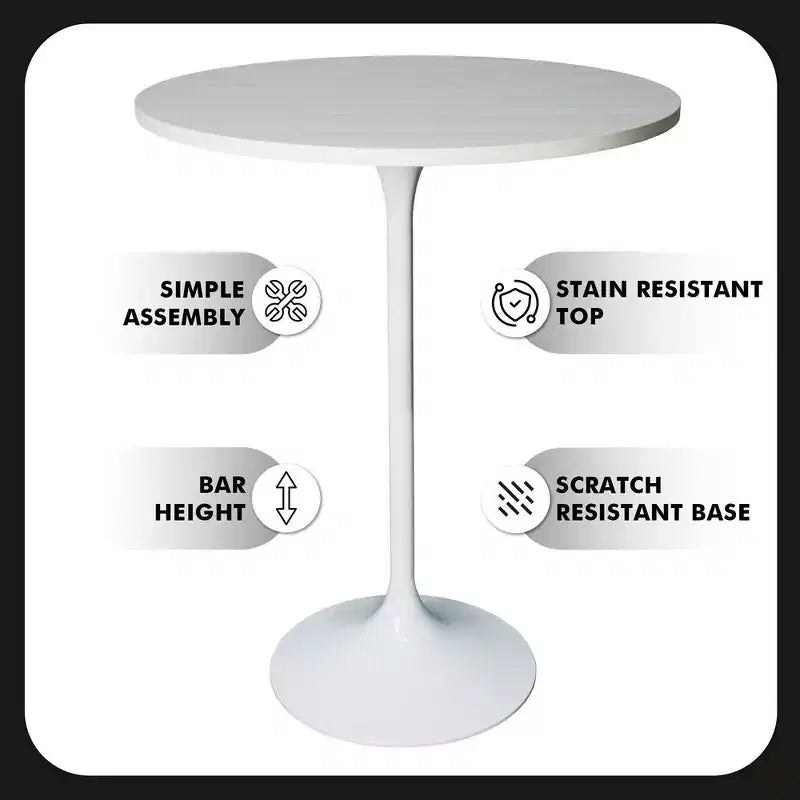 Leisuremod Verve 27 Round Bar Height Dining Table - MDF Wood Top with Modern White Pedestal Base Counter Height Table for Kitchen, Home, and Pub