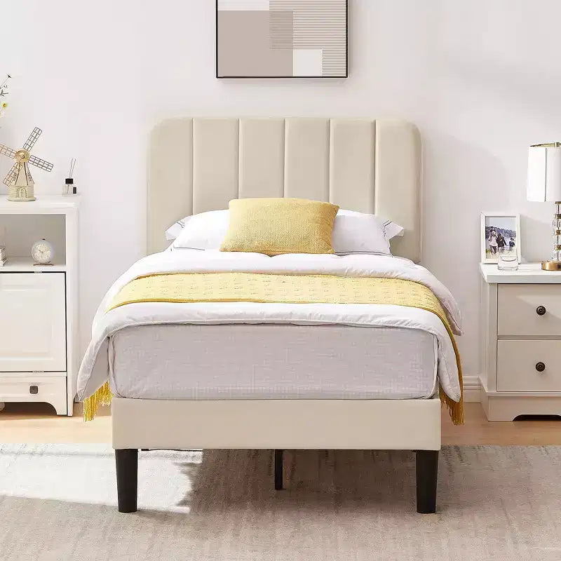 VECELO Velvet Upholstered Platform Bed Frame with Adjustable Headboard, Sturdy Wood Slat Support, No Box Spring Required