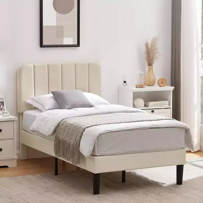 VECELO Velvet Upholstered Platform Bed Frame with Adjustable Headboard, Sturdy Wood Slat Support, No Box Spring Required