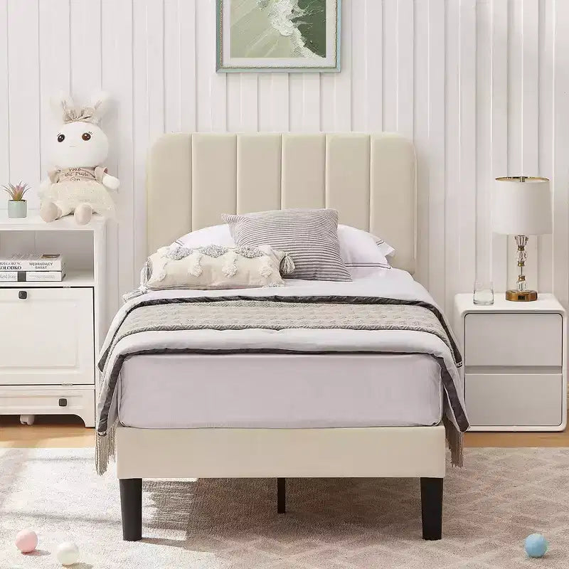 VECELO Velvet Upholstered Platform Bed Frame with Adjustable Headboard, Sturdy Wood Slat Support, No Box Spring Required