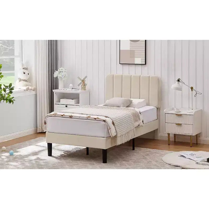 VECELO Velvet Upholstered Platform Bed Frame with Adjustable Headboard, Sturdy Wood Slat Support, No Box Spring Required