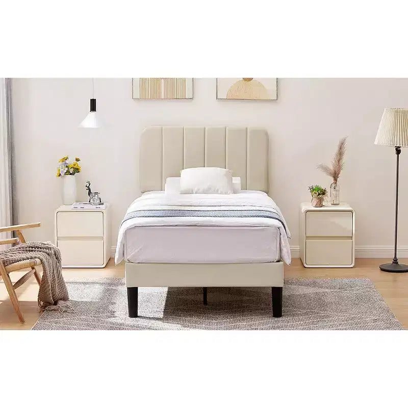 VECELO Velvet Upholstered Platform Bed Frame with Adjustable Headboard, Sturdy Wood Slat Support, No Box Spring Required