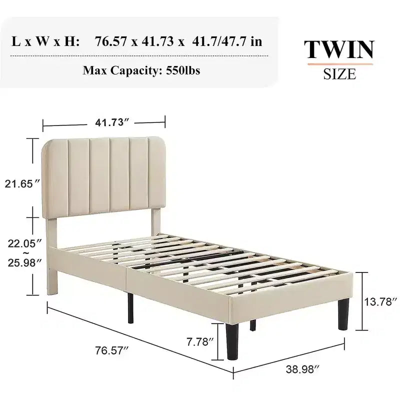 VECELO Velvet Upholstered Platform Bed Frame with Adjustable Headboard, Sturdy Wood Slat Support, No Box Spring Required