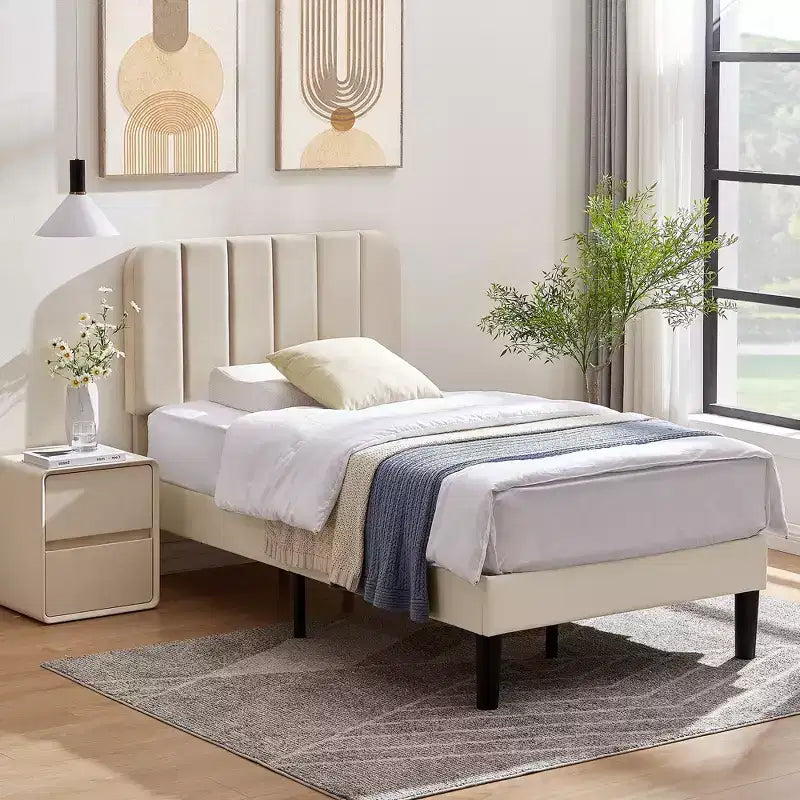 VECELO Velvet Upholstered Platform Bed Frame with Adjustable Headboard, Sturdy Wood Slat Support, No Box Spring Required