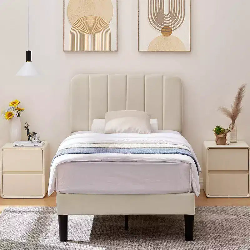 VECELO Velvet Upholstered Platform Bed Frame with Adjustable Headboard, Sturdy Wood Slat Support, No Box Spring Required