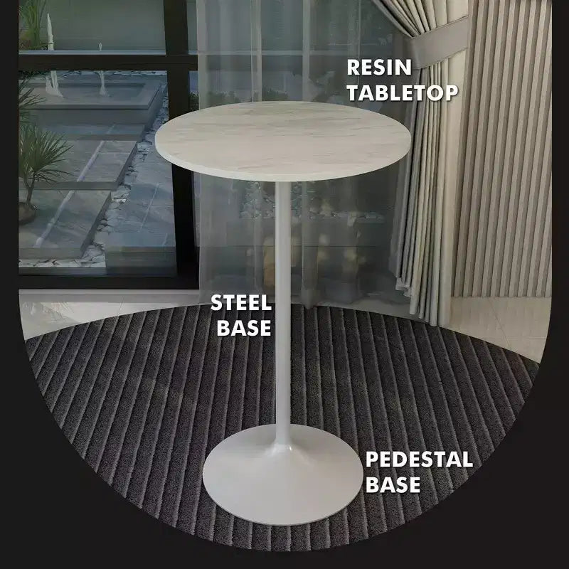 Leisuremod Verve 27 Round Bar Height Dining Table - Modern Resin Top with White Steel Pedestal Base Counter Height Table for Kitchen, Home, and Pub
