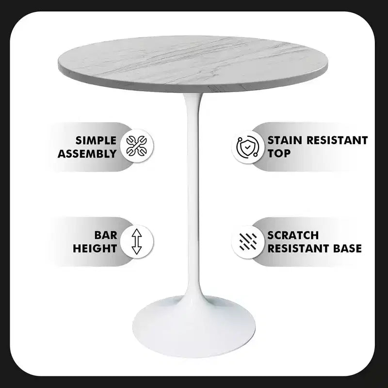 Leisuremod Verve 27 Round Bar Height Dining Table - Modern Resin Top with White Steel Pedestal Base Counter Height Table for Kitchen, Home, and Pub