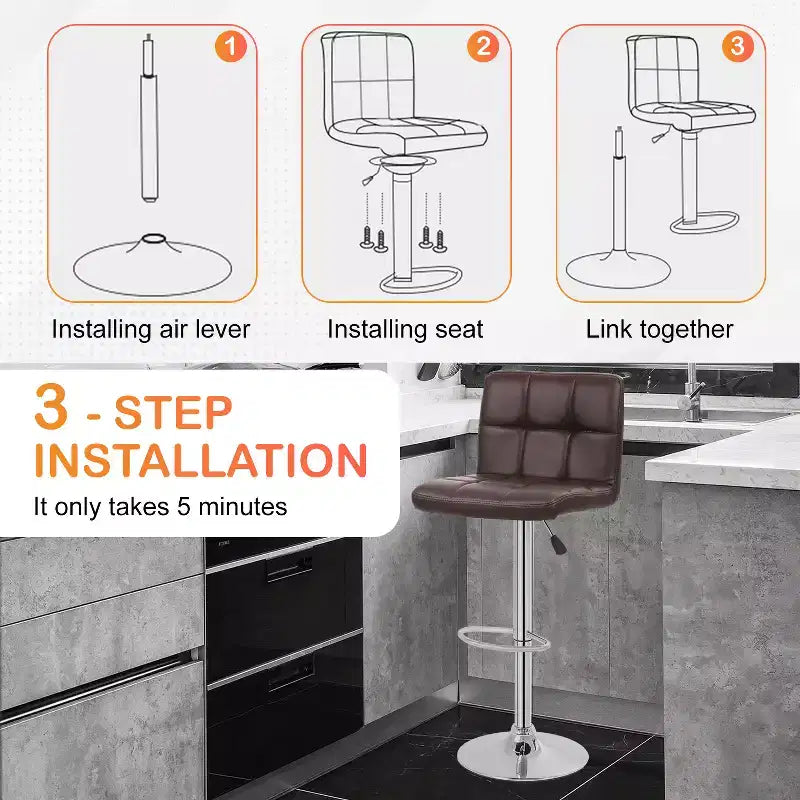 FDW Bar Stool Height Adjustable Swivel Stool with Back PU Leather Kitchen Counter Stools Set of 2 Dining Chairs