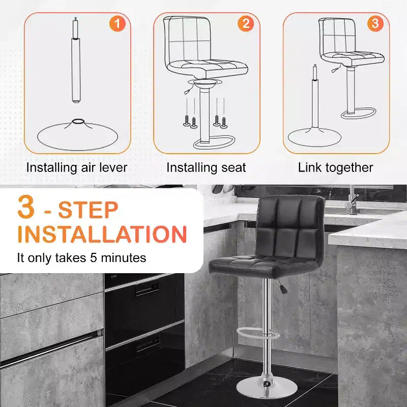 FDW Bar Stool Height Adjustable Swivel Stool with Back PU Leather Kitchen Counter Stools Set of 2 Dining Chairs