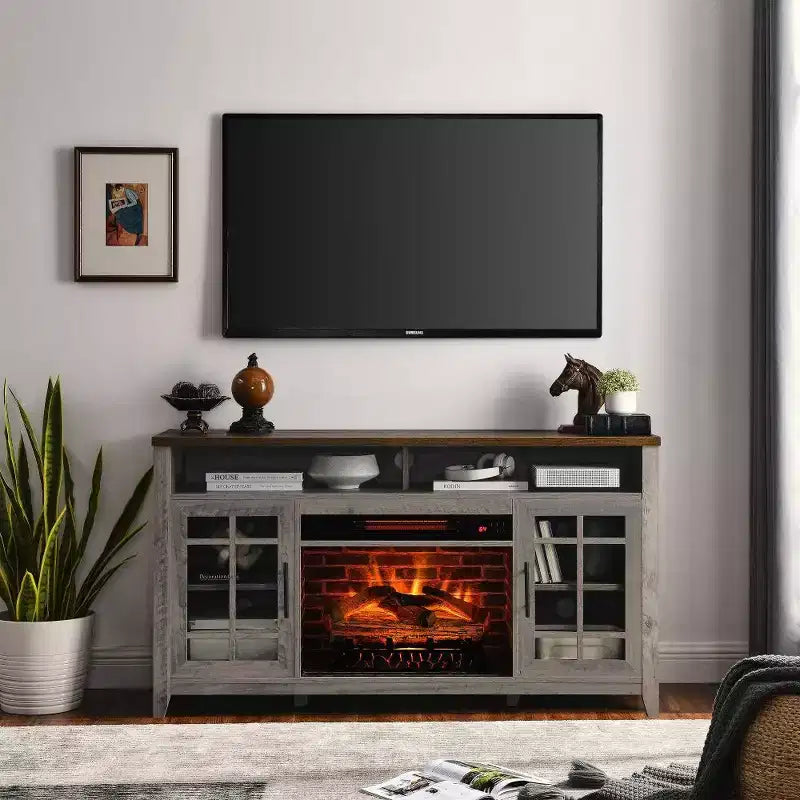 55 Modern TV Stand, Media Entertainment Center Console With Insert Fireplace, TV Media Storage Cabinet Chest For Living Room