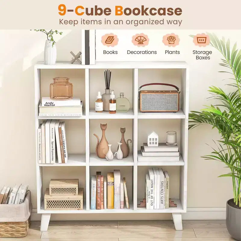 Costway 1 PCS 9-Cube Bookcase with 6 Removable Shelves Raised Support Feet for Living Room Brown/White