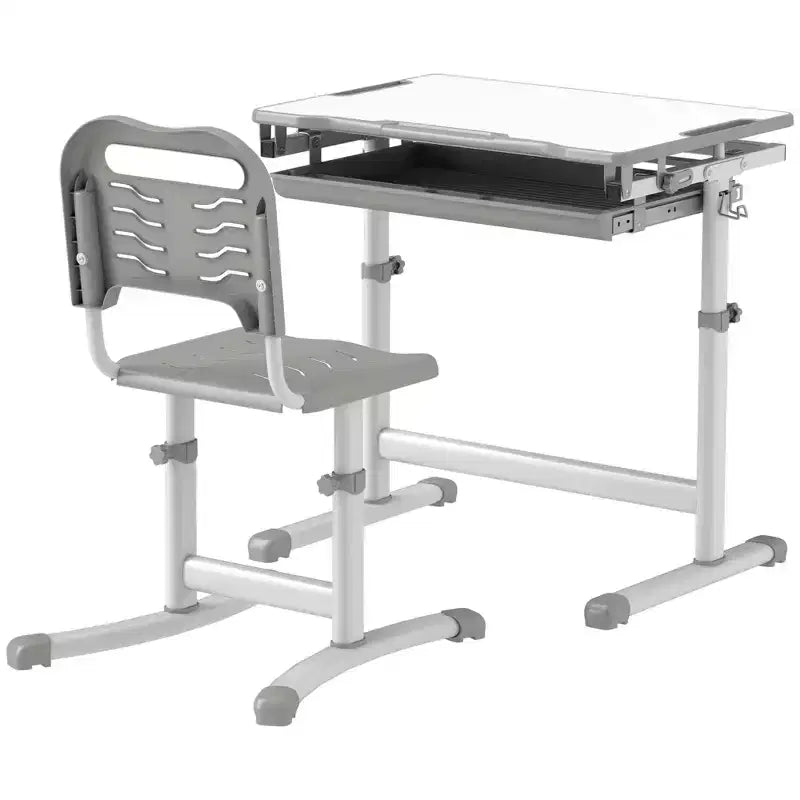 Qaba Kids Desk and Chairs Set, Height Adjustable Children School Study Desk with Tilt Desktop, Storage Drawer, Pen Slot, Hook