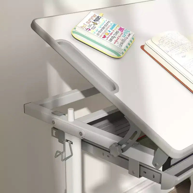 Qaba Kids Desk and Chairs Set, Height Adjustable Children School Study Desk with Tilt Desktop, Storage Drawer, Pen Slot, Hook