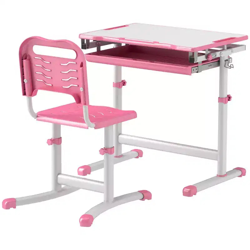 Qaba Kids Desk and Chairs Set, Height Adjustable Children School Study Desk with Tilt Desktop, Storage Drawer, Pen Slot, Hook