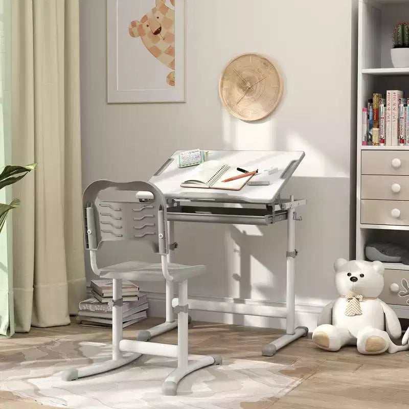Qaba Kids Desk and Chairs Set, Height Adjustable Children School Study Desk with Tilt Desktop, Storage Drawer, Pen Slot, Hook