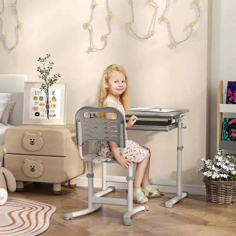 Qaba Kids Desk and Chairs Set, Height Adjustable Children School Study Desk with Tilt Desktop, Storage Drawer, Pen Slot, Hook