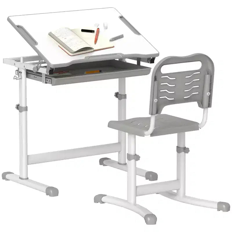 Qaba Kids Desk and Chairs Set, Height Adjustable Children School Study Desk with Tilt Desktop, Storage Drawer, Pen Slot, Hook