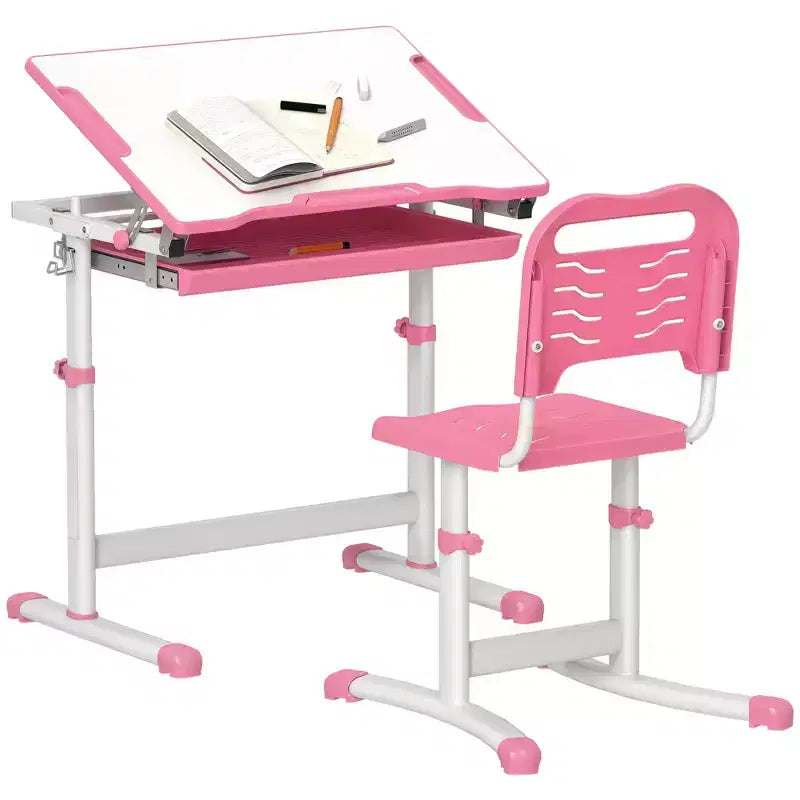Qaba Kids Desk and Chairs Set, Height Adjustable Children School Study Desk with Tilt Desktop, Storage Drawer, Pen Slot, Hook