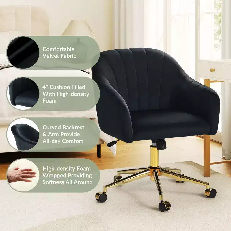 WestinTrends Phoebe Upholstered Velvet Swivel Vanity Office Chair With Wheels, Black