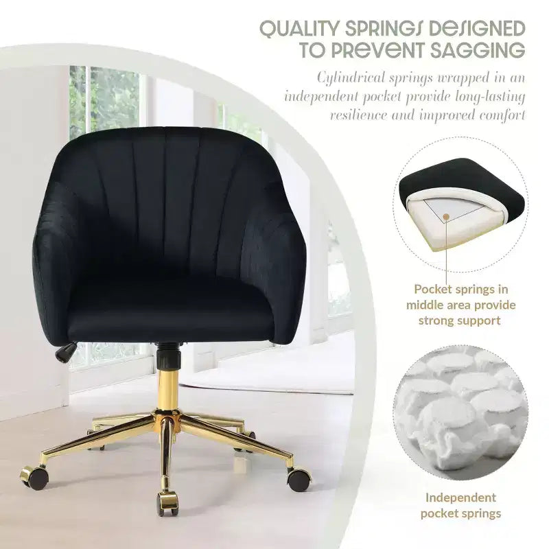 WestinTrends Phoebe Upholstered Velvet Swivel Vanity Office Chair With Wheels, Black