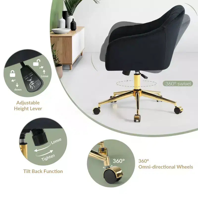 WestinTrends Phoebe Upholstered Velvet Swivel Vanity Office Chair With Wheels, Black