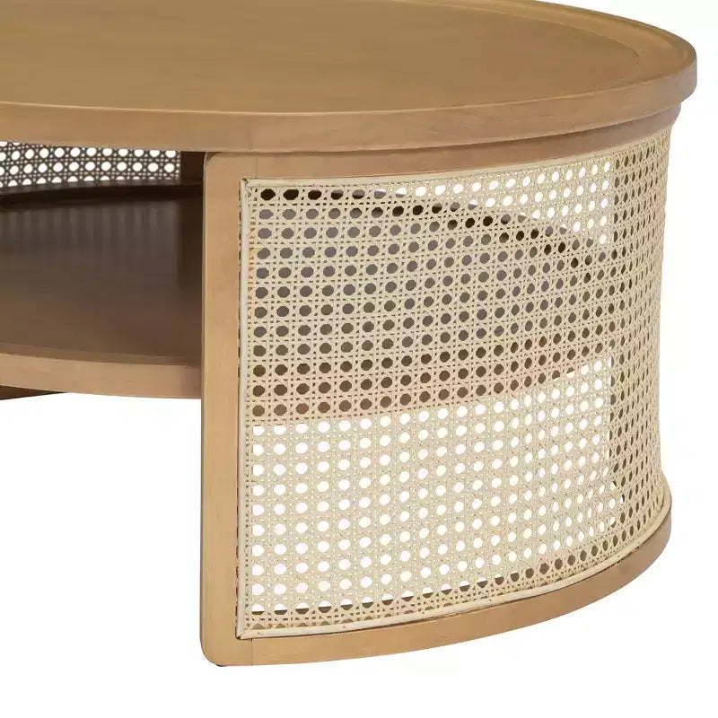 31.3''W 2-Tiered Round Rubber Wood Coffee Table with Storage Rattan Base 4B - ModernLuxe