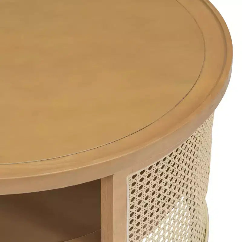 31.3''W 2-Tiered Round Rubber Wood Coffee Table with Storage Rattan Base 4B - ModernLuxe