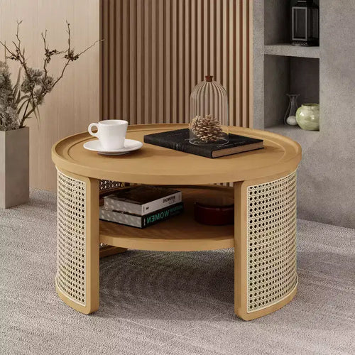 31.3''W 2-Tiered Round Rubber Wood Coffee Table with Storage Rattan Base 4B - ModernLuxe