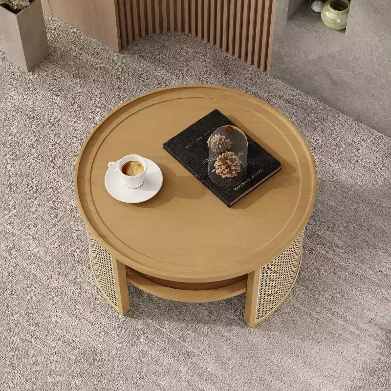 31.3''W 2-Tiered Round Rubber Wood Coffee Table with Storage Rattan Base 4B - ModernLuxe