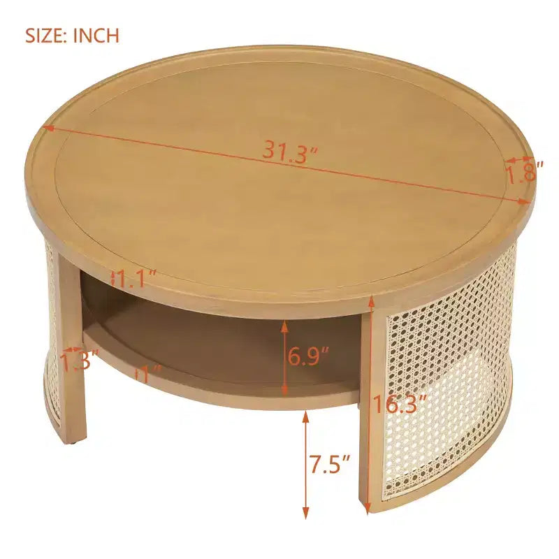 31.3''W 2-Tiered Round Rubber Wood Coffee Table with Storage Rattan Base 4B - ModernLuxe
