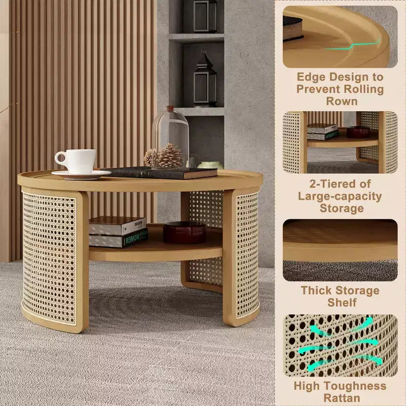 31.3''W 2-Tiered Round Rubber Wood Coffee Table with Storage Rattan Base 4B - ModernLuxe