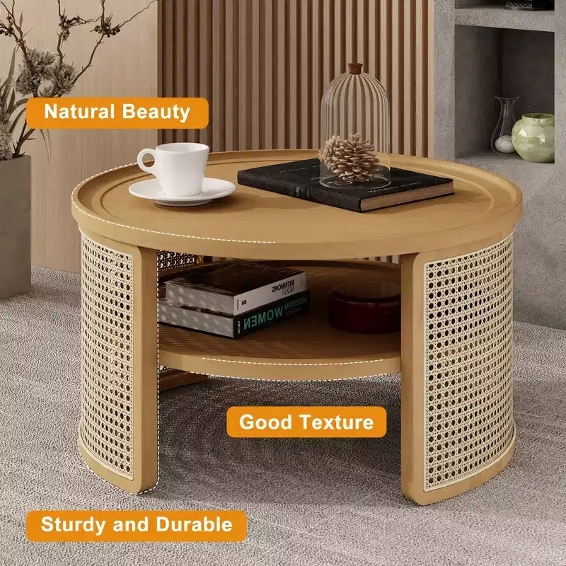 31.3''W 2-Tiered Round Rubber Wood Coffee Table with Storage Rattan Base 4B - ModernLuxe