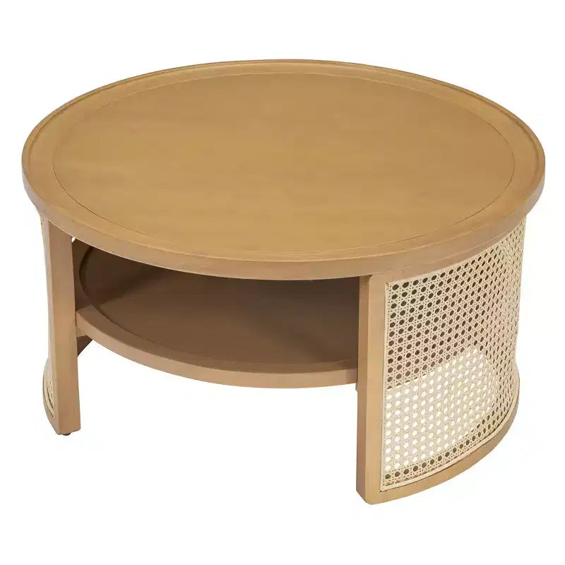 31.3''W 2-Tiered Round Rubber Wood Coffee Table with Storage Rattan Base 4B - ModernLuxe