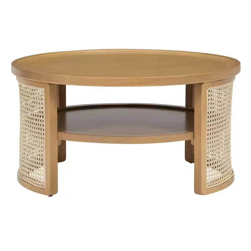 31.3''W 2-Tiered Round Rubber Wood Coffee Table with Storage Rattan Base 4B - ModernLuxe