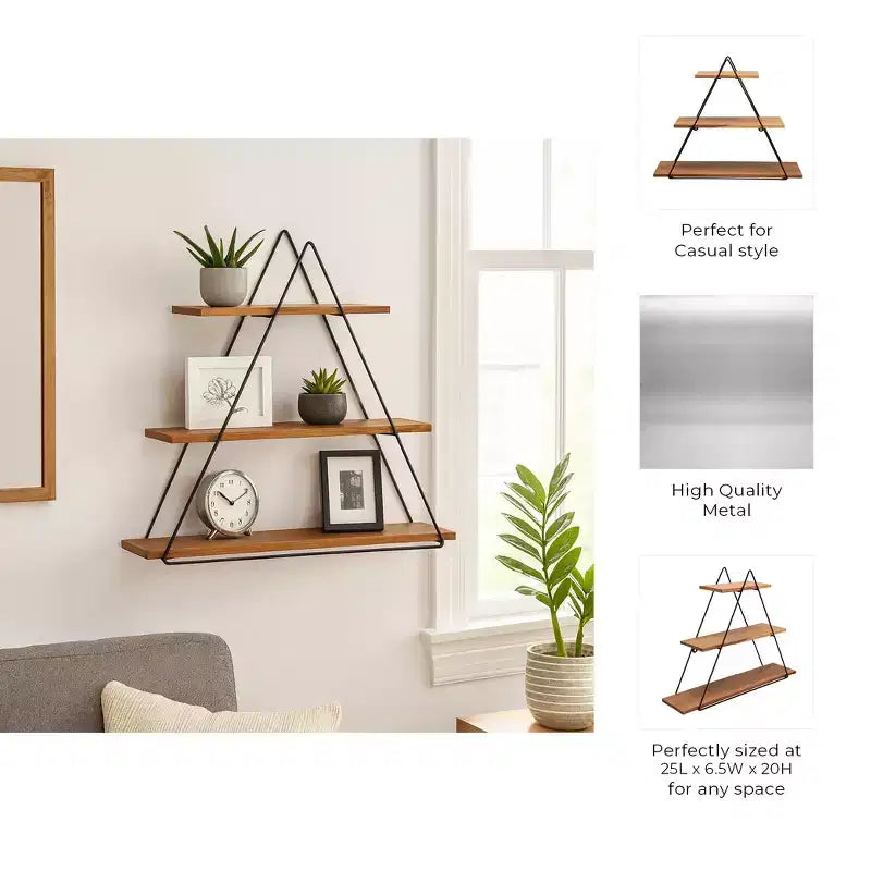 Decorative Triangle Wall Shelf for Home Decor - Elegant 3 Tier Shelf Organizer for Living Room, Bedroom and Office Spaces - 20, Brown
