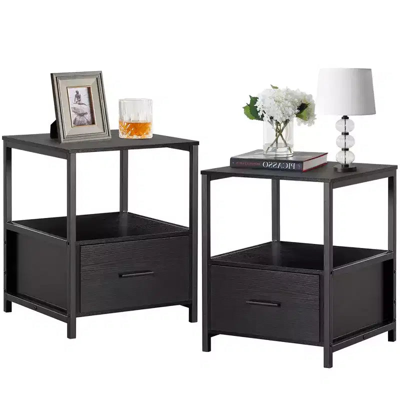 VECELO Modern Wooden Nightstand with Drawer Square End Bedside Tables with Open Shelf, Stable Metal Frame Small Side Tables