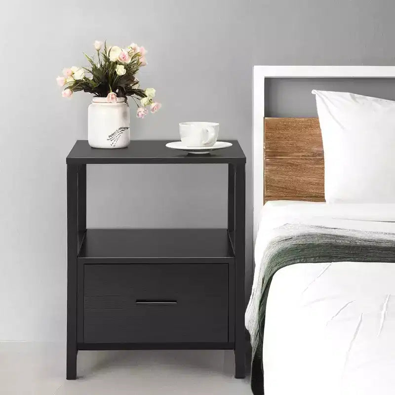 VECELO Modern Wooden Nightstand with Drawer Square End Bedside Tables with Open Shelf, Stable Metal Frame Small Side Tables