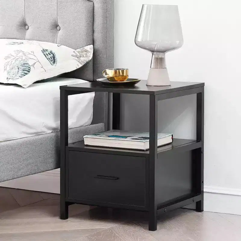 VECELO Modern Wooden Nightstand with Drawer Square End Bedside Tables with Open Shelf, Stable Metal Frame Small Side Tables
