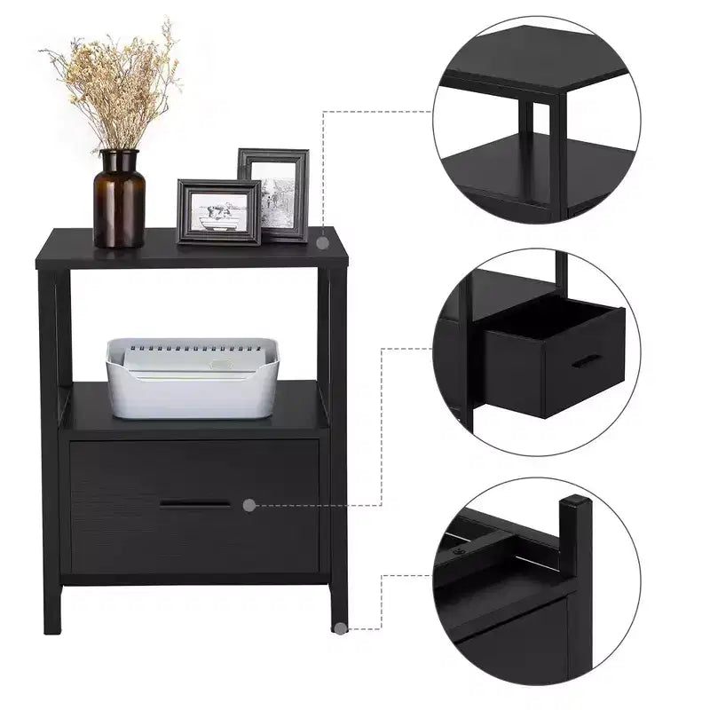 VECELO Modern Wooden Nightstand with Drawer Square End Bedside Tables with Open Shelf, Stable Metal Frame Small Side Tables