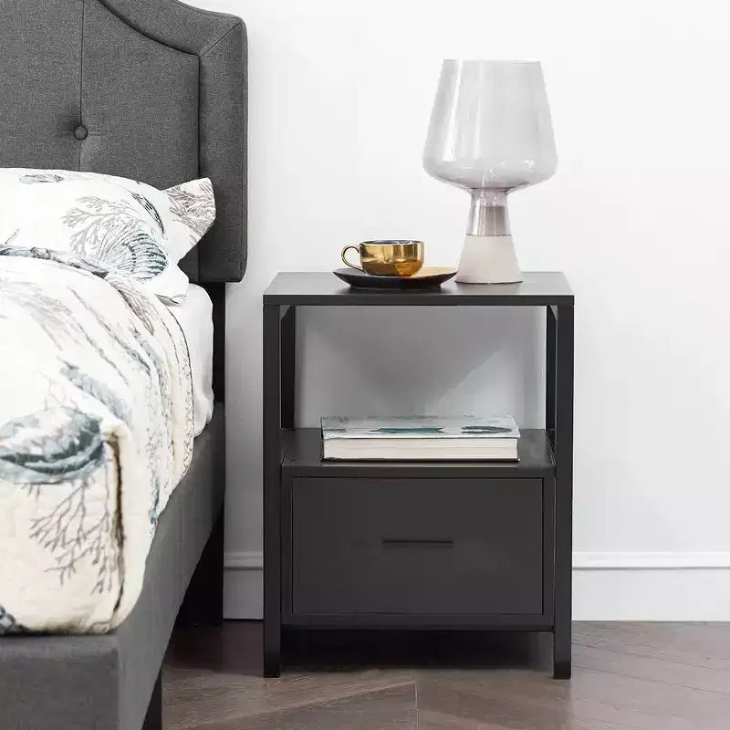 VECELO Modern Wooden Nightstand with Drawer Square End Bedside Tables with Open Shelf, Stable Metal Frame Small Side Tables