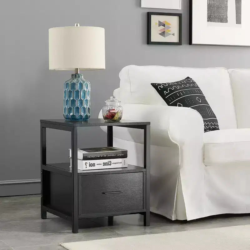 VECELO Modern Wooden Nightstand with Drawer Square End Bedside Tables with Open Shelf, Stable Metal Frame Small Side Tables