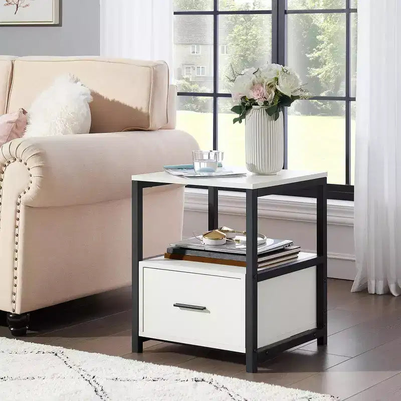 VECELO Modern Wooden Nightstand with Drawer Square End Bedside Tables with Open Shelf, Stable Metal Frame Small Side Tables