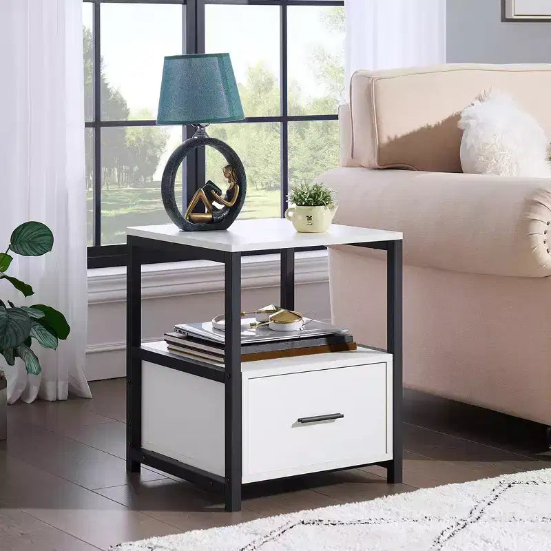 VECELO Modern Wooden Nightstand with Drawer Square End Bedside Tables with Open Shelf, Stable Metal Frame Small Side Tables