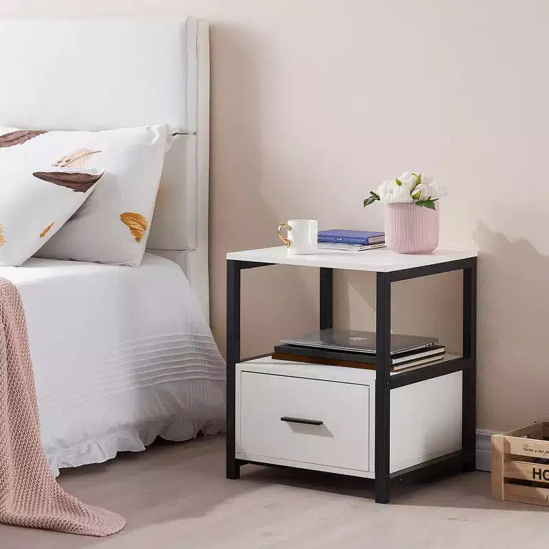 VECELO Modern Wooden Nightstand with Drawer Square End Bedside Tables with Open Shelf, Stable Metal Frame Small Side Tables